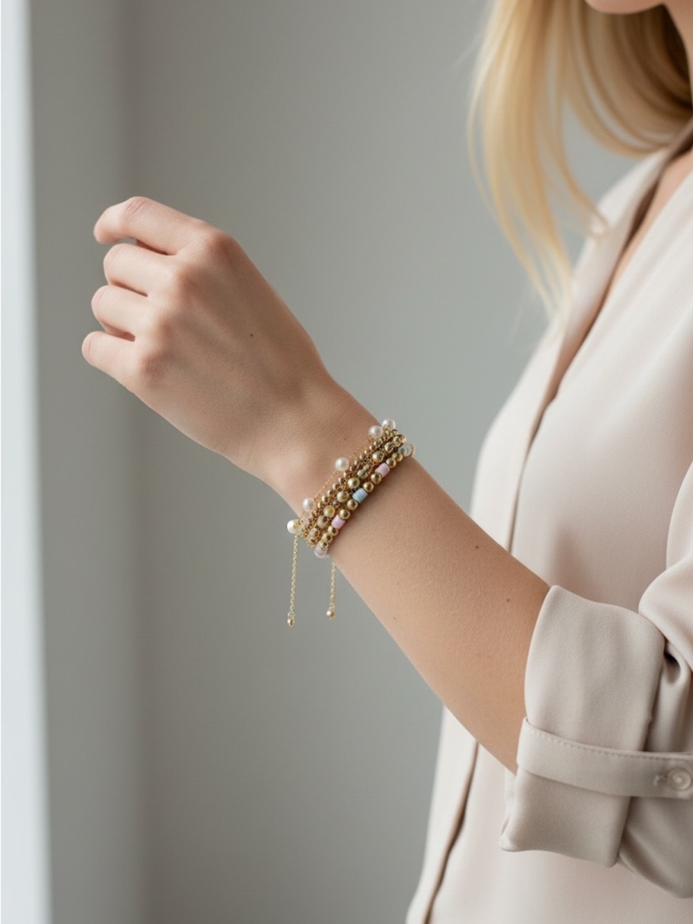 9/12 Gold Beaded Stretch Bracelet Stack with Pearl Accents
